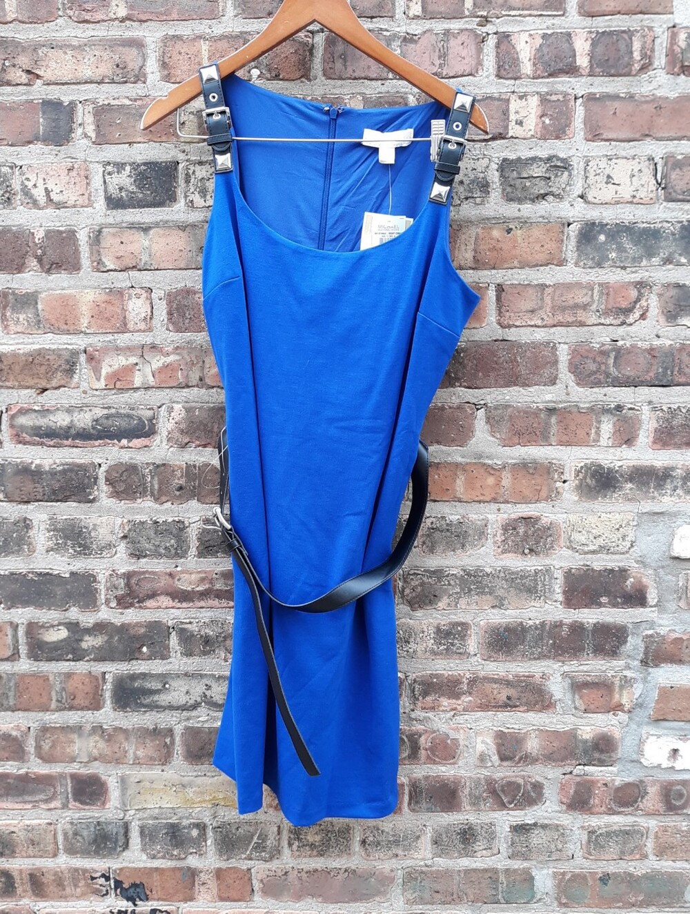Michael Kors Bright Cobalt Blue Studded Strap Belted Waist Sheath Dress L NWT